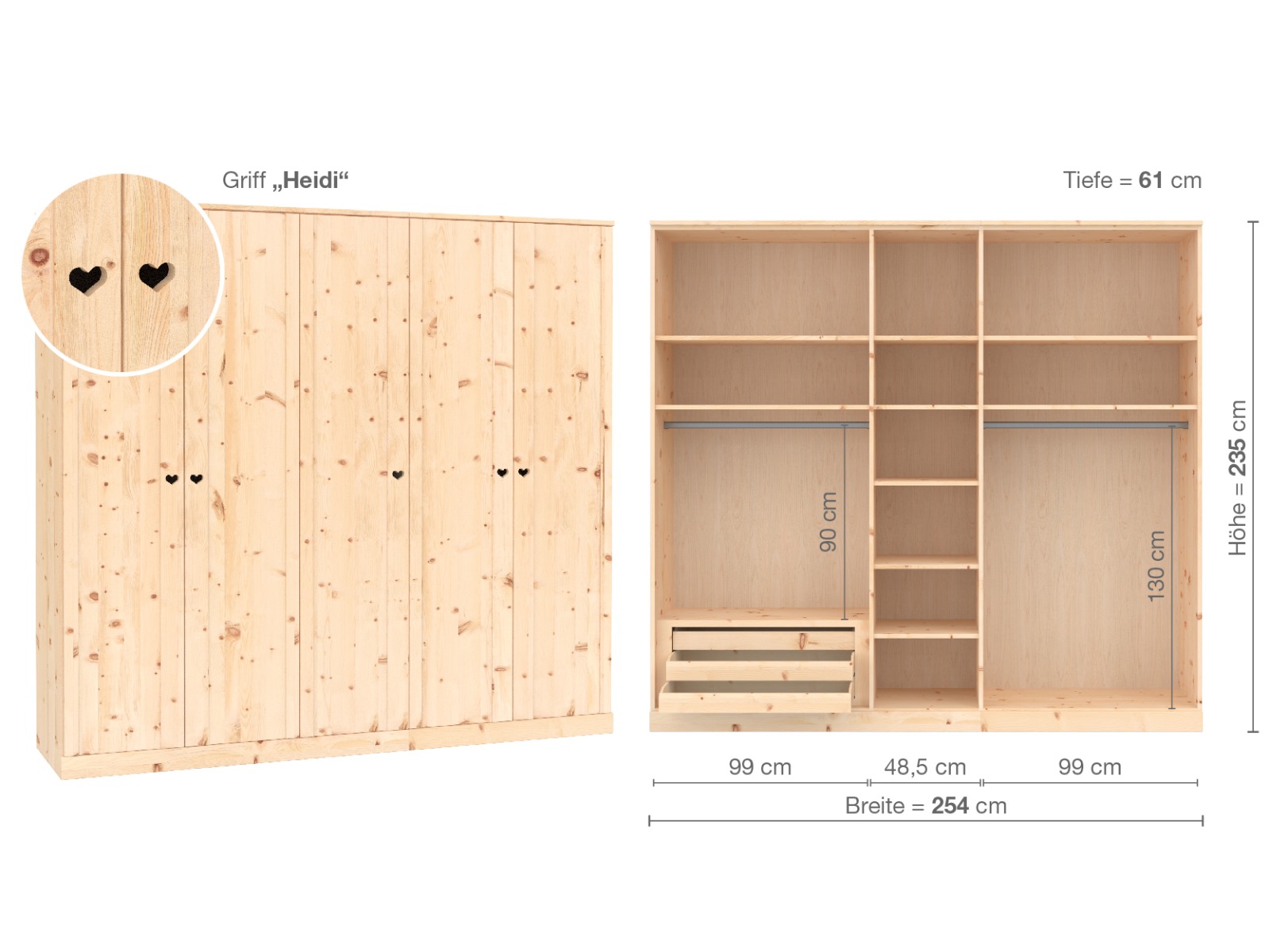 Zirbenschrank „Arnika“, 5-türig, Höhe 235 ​cm, Griffausführung „Heidi“, Inneneinrichtung  C