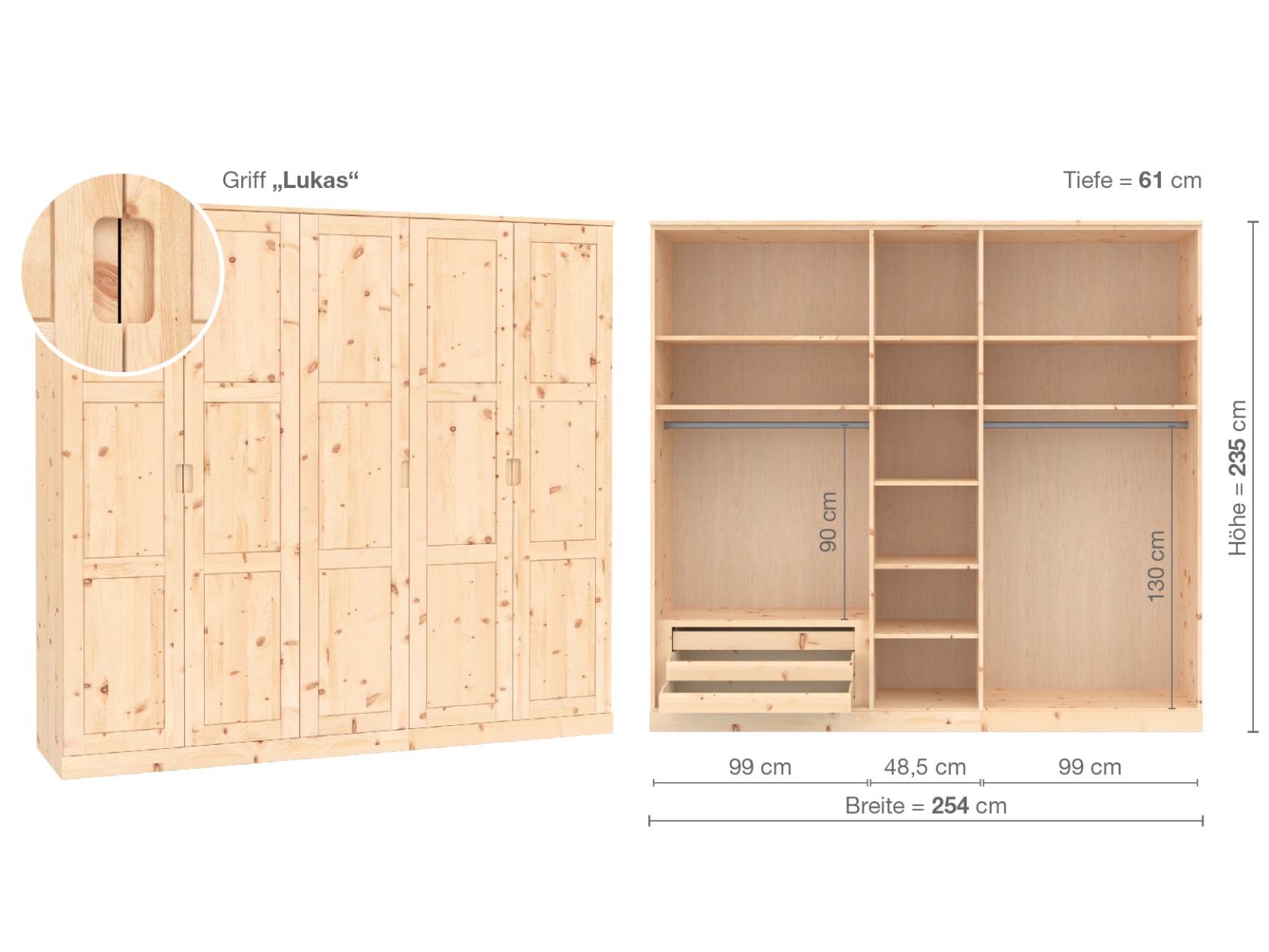 Zirbenschrank „Enzian“, 5-türig, Höhe 235 cm, Griffausführung „Lukas“, Inneneinrichtung C