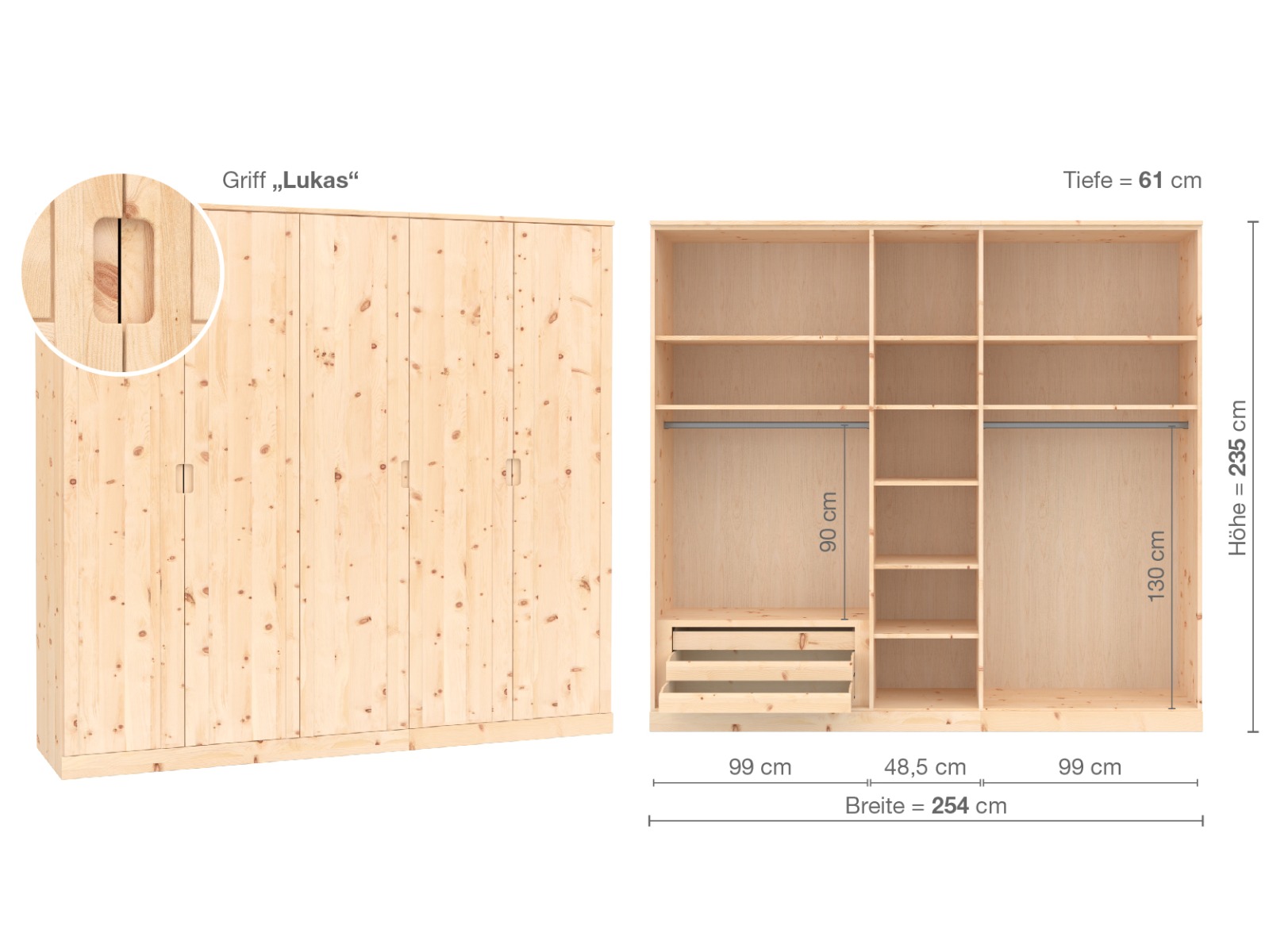 Zirbenschrank „Arnika“, 5-türig, Höhe 235 ​cm, Griffausführung „Lukas“, Inneneinrichtung  C