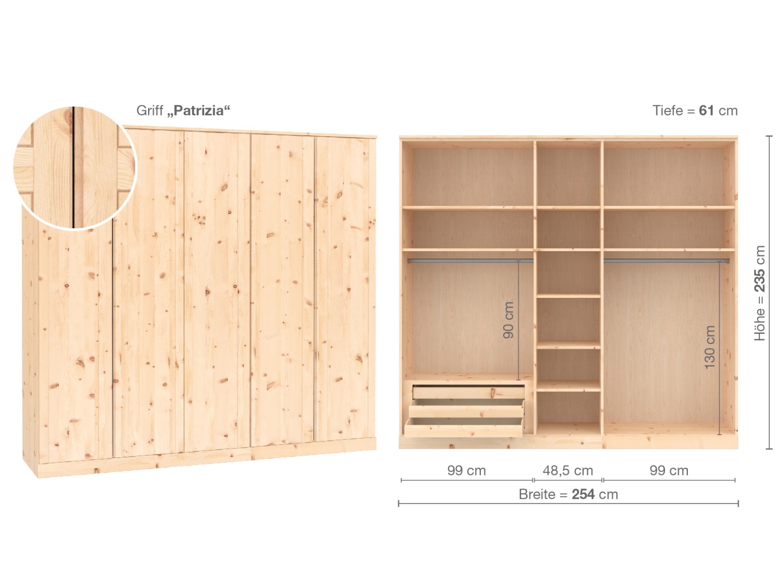 Zirbenschrank „Arnika“, 5-türig, Höhe 235 ​cm, Griffausführung „Patrizia“, Inneneinrichtung C
