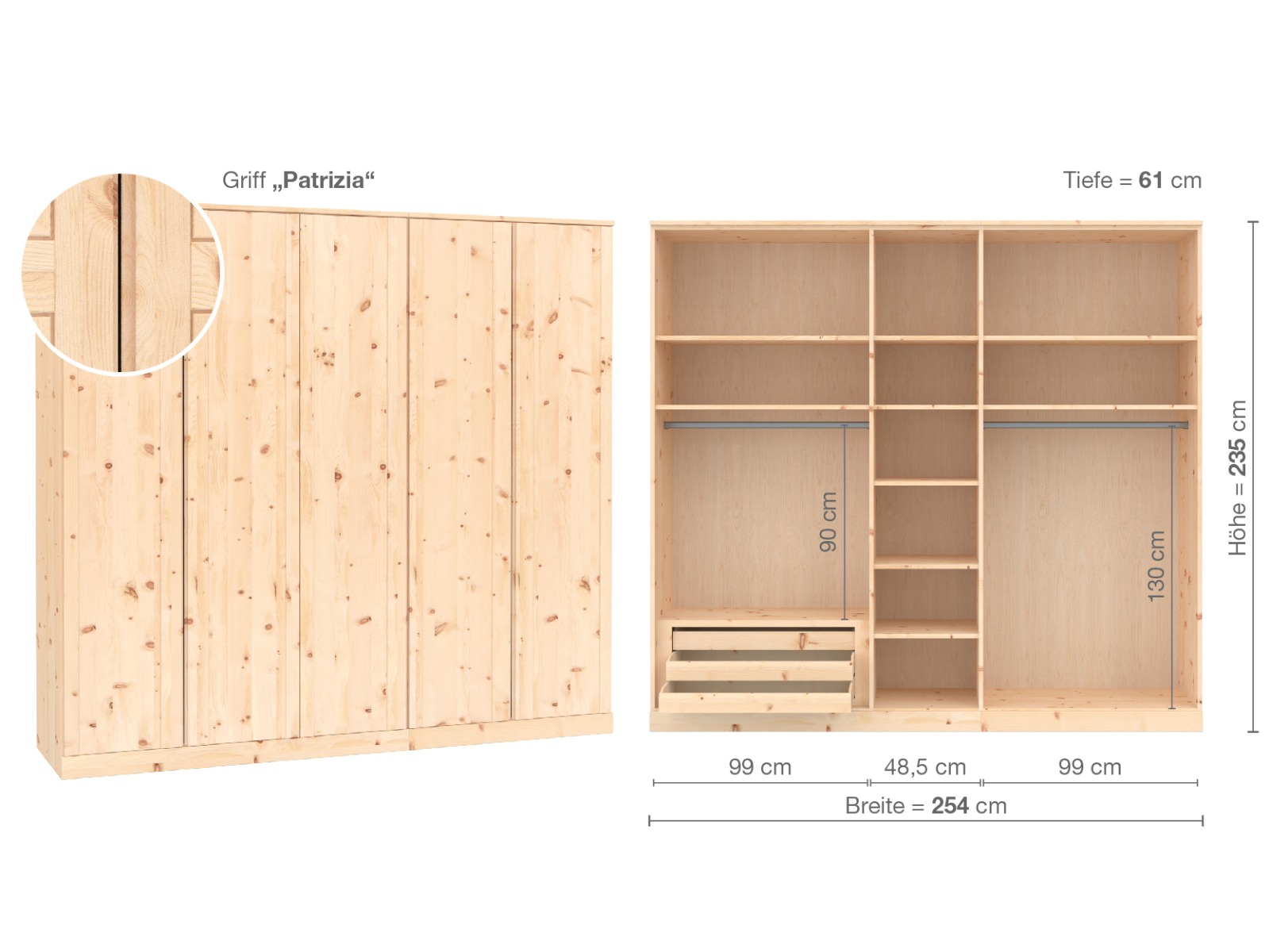 Zirbenschrank „Arnika“, 5-türig, Höhe 235 ​cm, Griffausführung „Patrizia“, Inneneinrichtung C