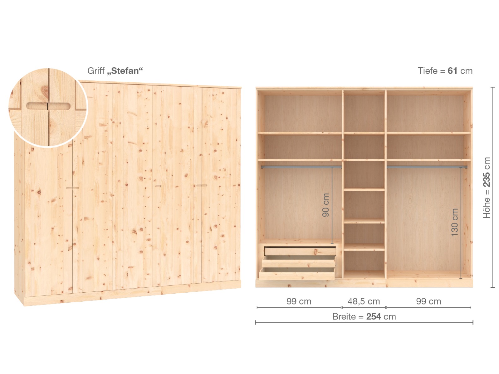 Zirbenschrank „Arnika“, 5-türig, Höhe 235 ​cm, Griffausführung „Stefan“, Inneneinrichtung C