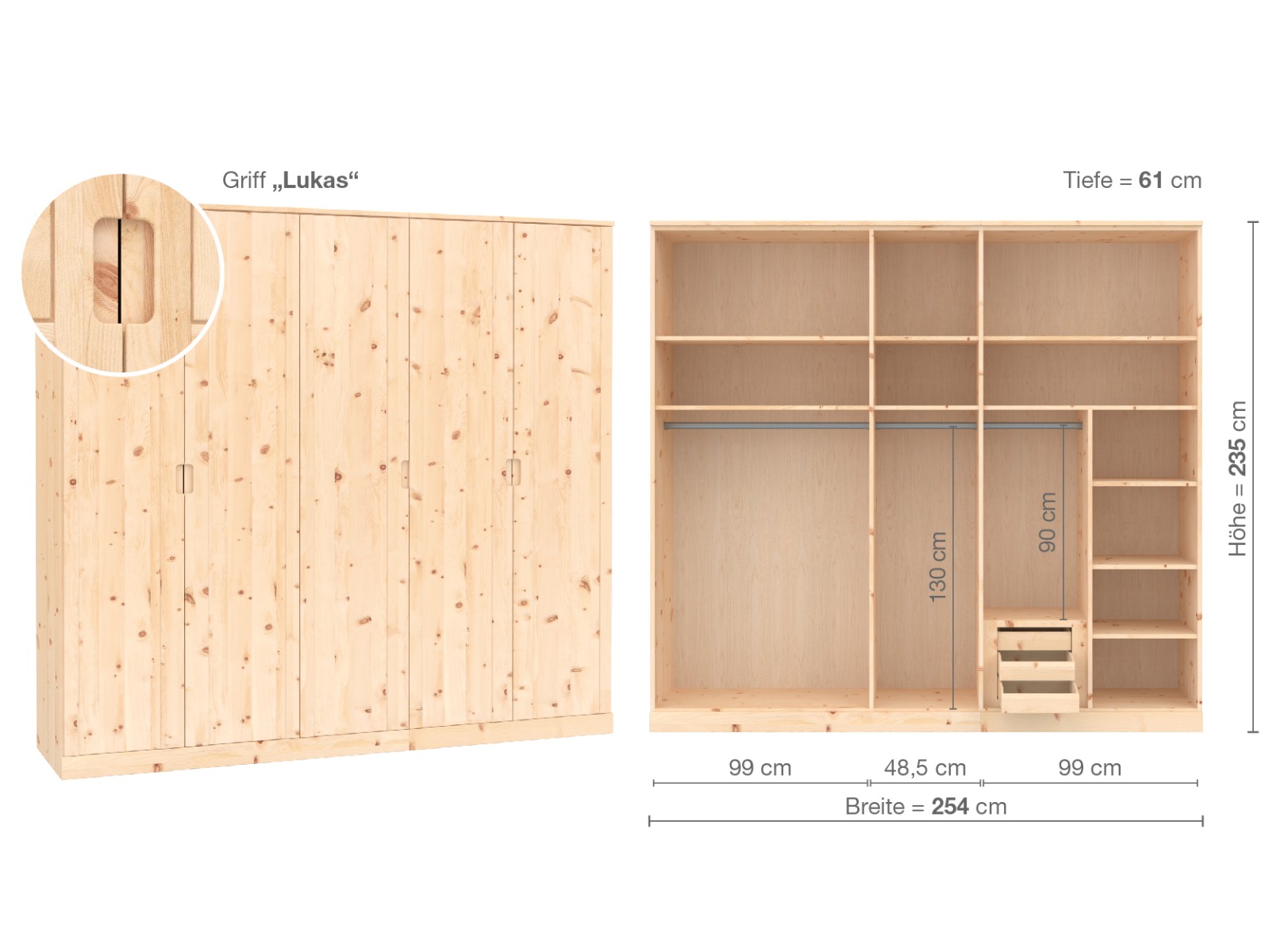 Zirbenschrank „Arnika“, 5-türig, Höhe 235 ​cm, Griffausführung „Lukas“, Inneneinrichtung D