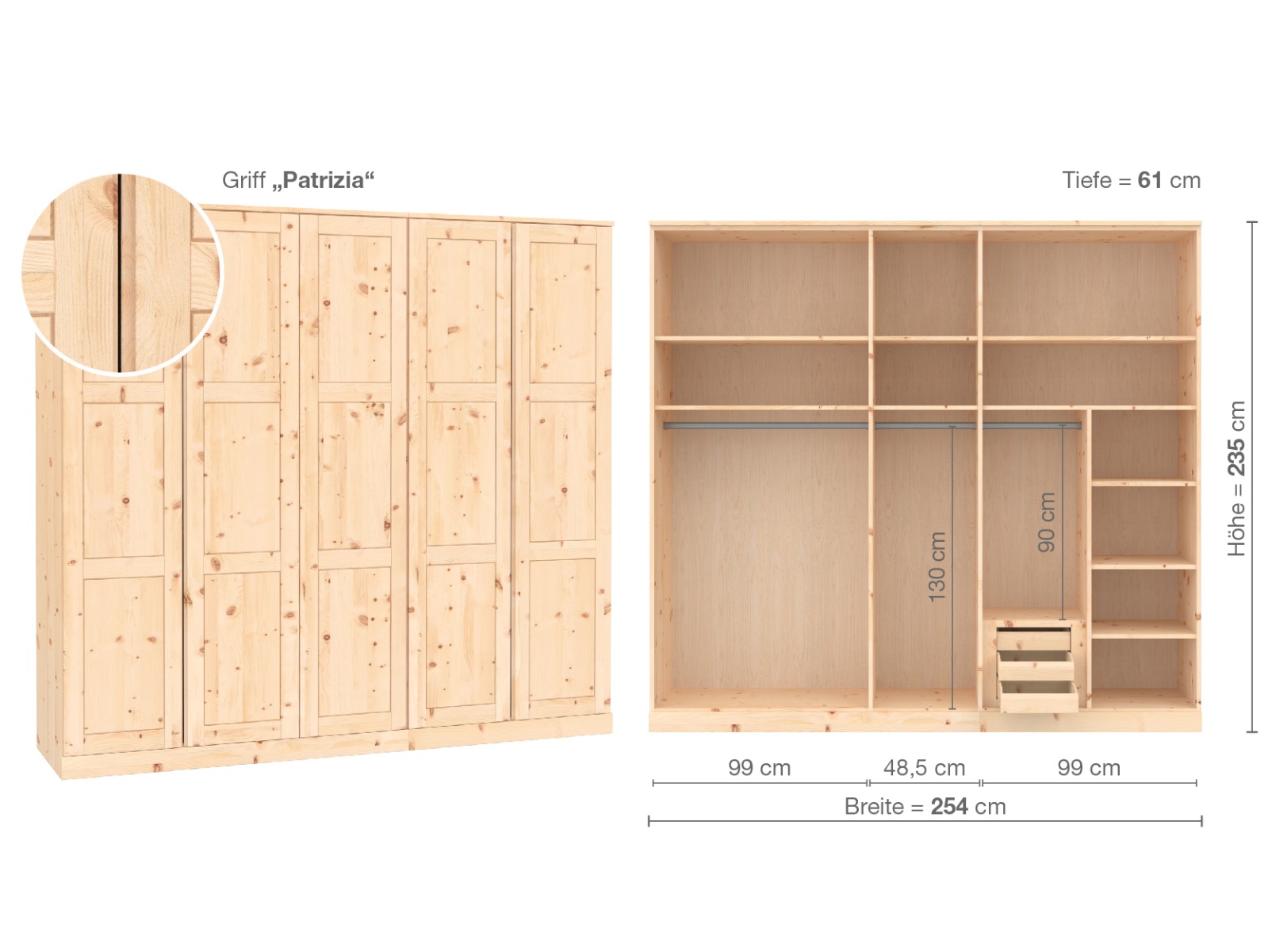 Zirbenschrank „Enzian“, 5-türig, Höhe 235 cm, Griffausführung „Patrizia“, Inneneinrichtung D