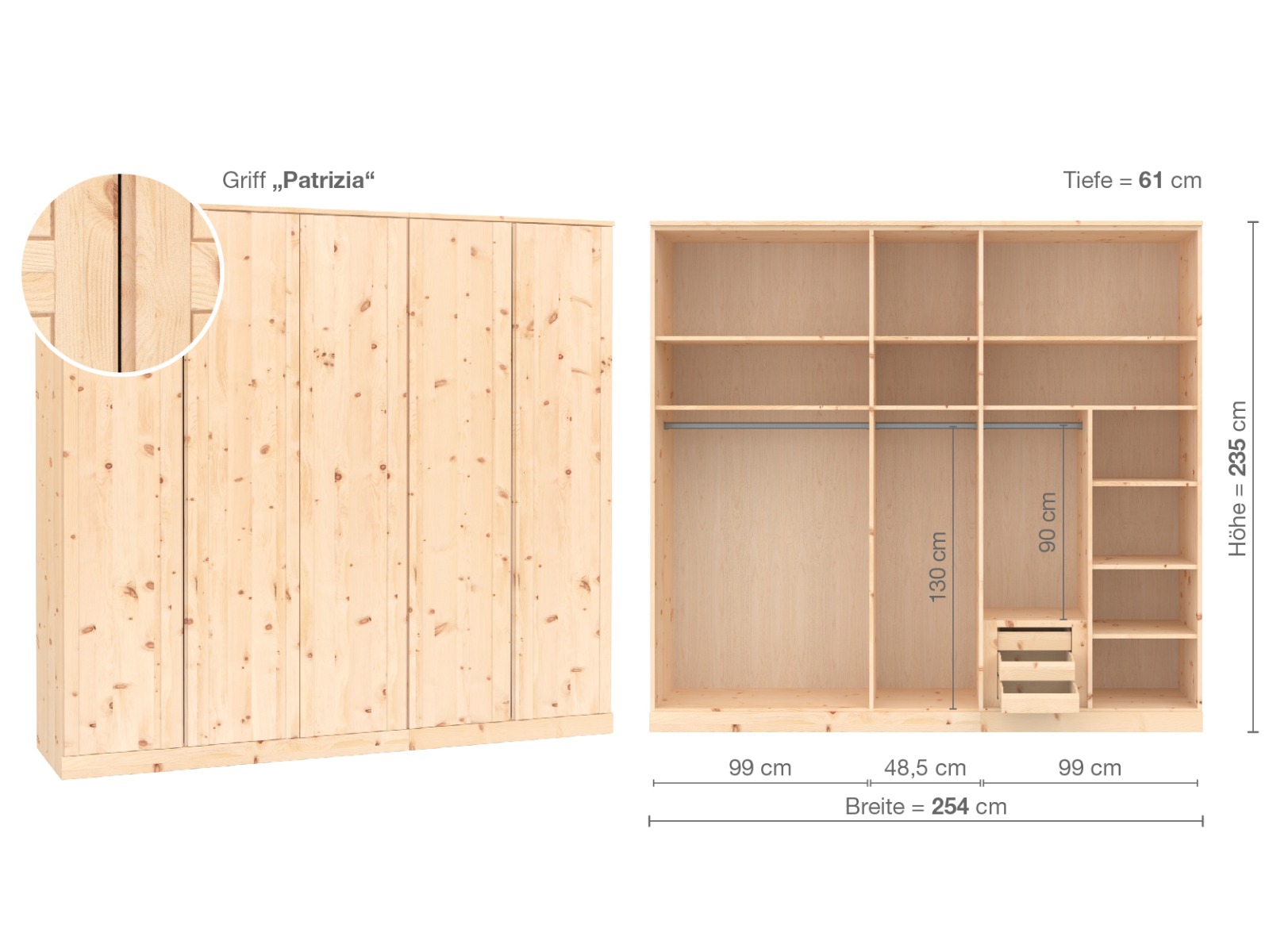 Zirbenschrank „Arnika“, 5-türig, Höhe 235 ​cm, Griffausführung „Patrizia“, Inneneinrichtung D