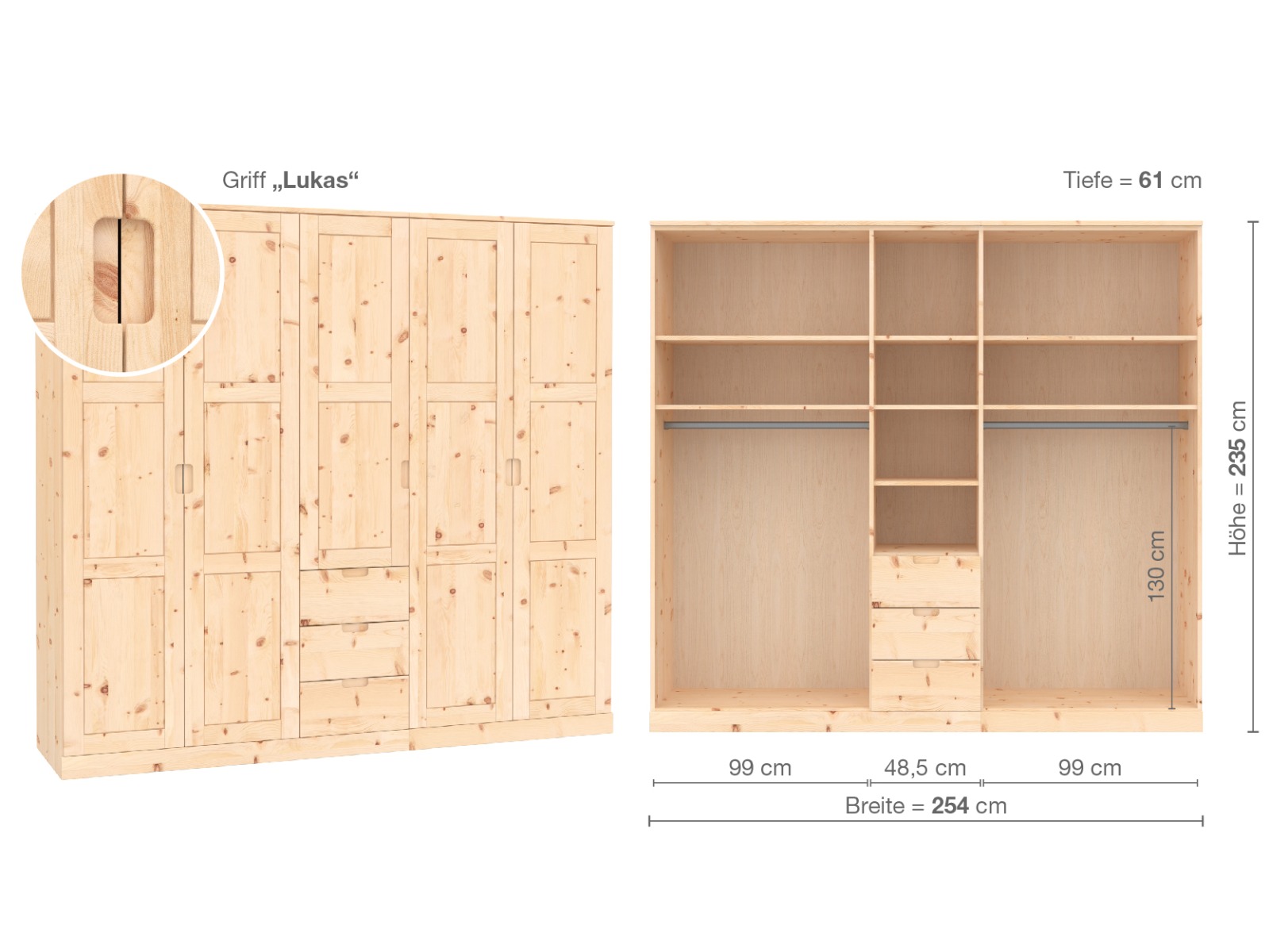 Zirbenschrank „Enzian“, 5-türig, Höhe 235 cm, Griffausführung „Lukas“, Inneneinrichtung E