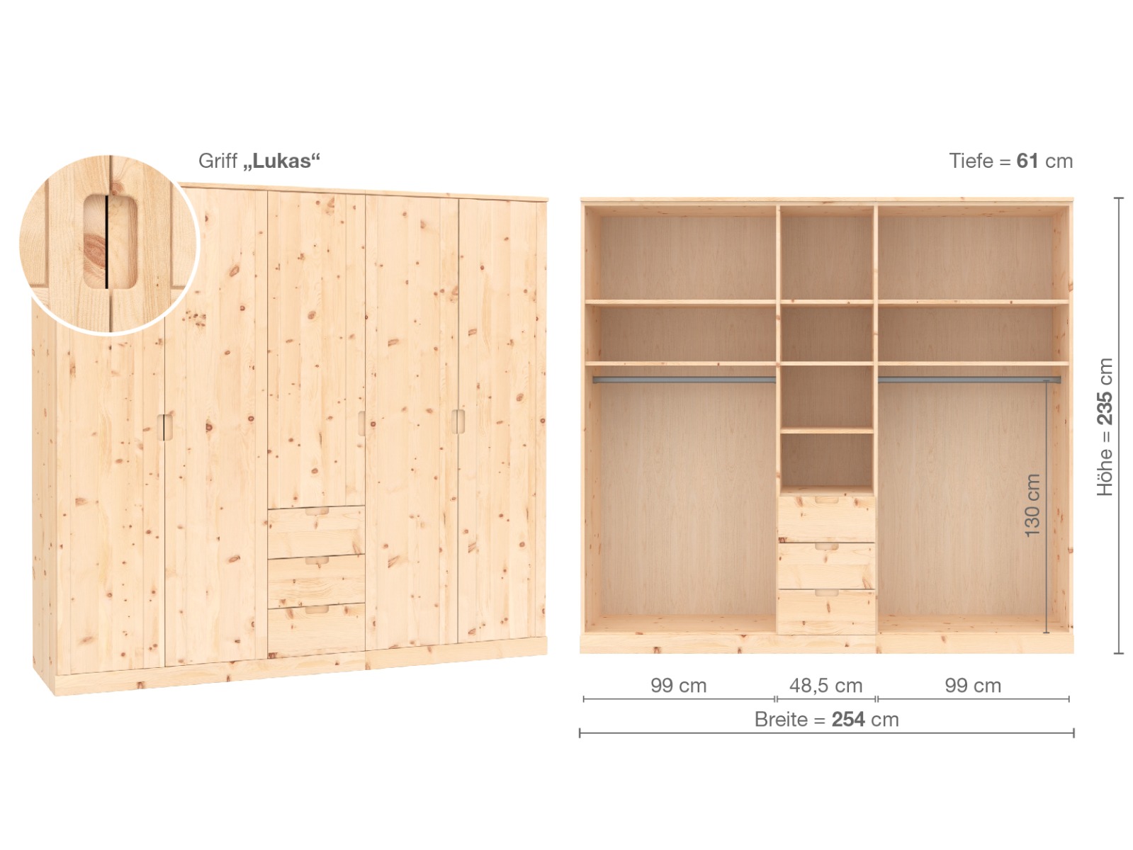 Zirbenschrank „Arnika“, 5-türig, Höhe 235 ​cm, Griffausführung „Lukas“, Inneneinrichtung E