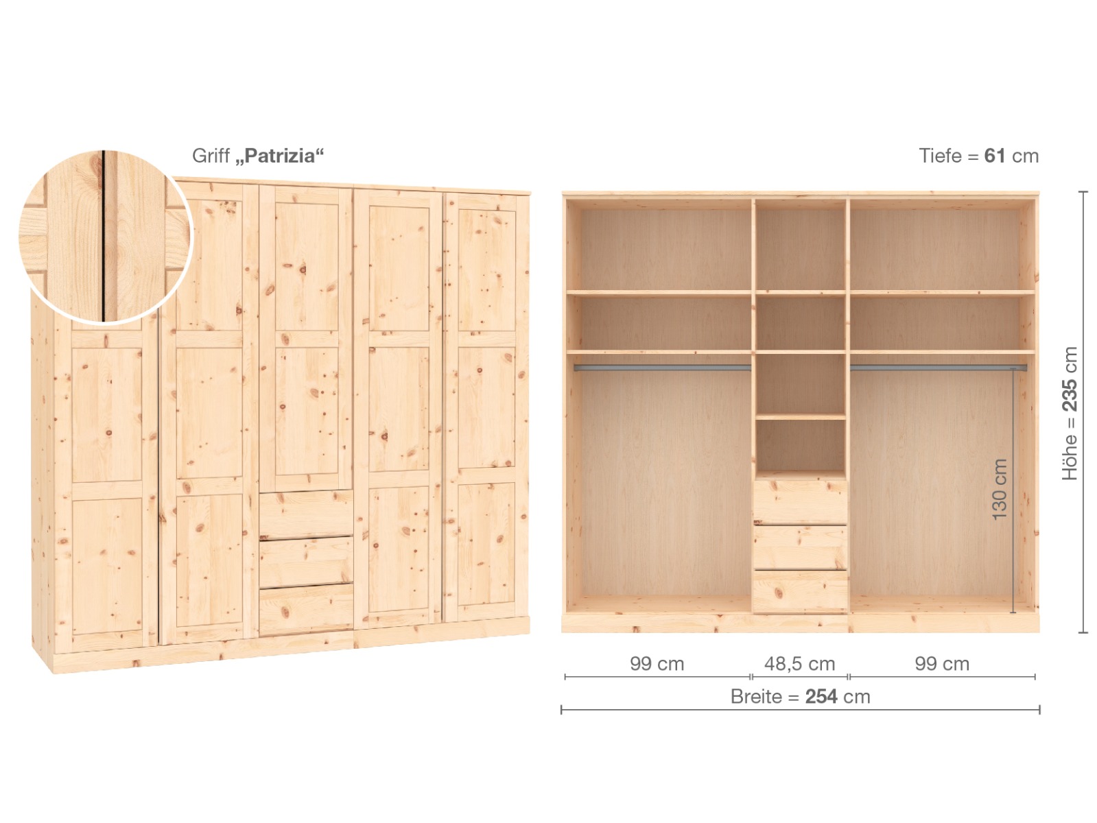 Zirbenschrank „Enzian“, 5-türig, Höhe 235 cm, Griffausführung „Patrizia“, Inneneinrichtung E