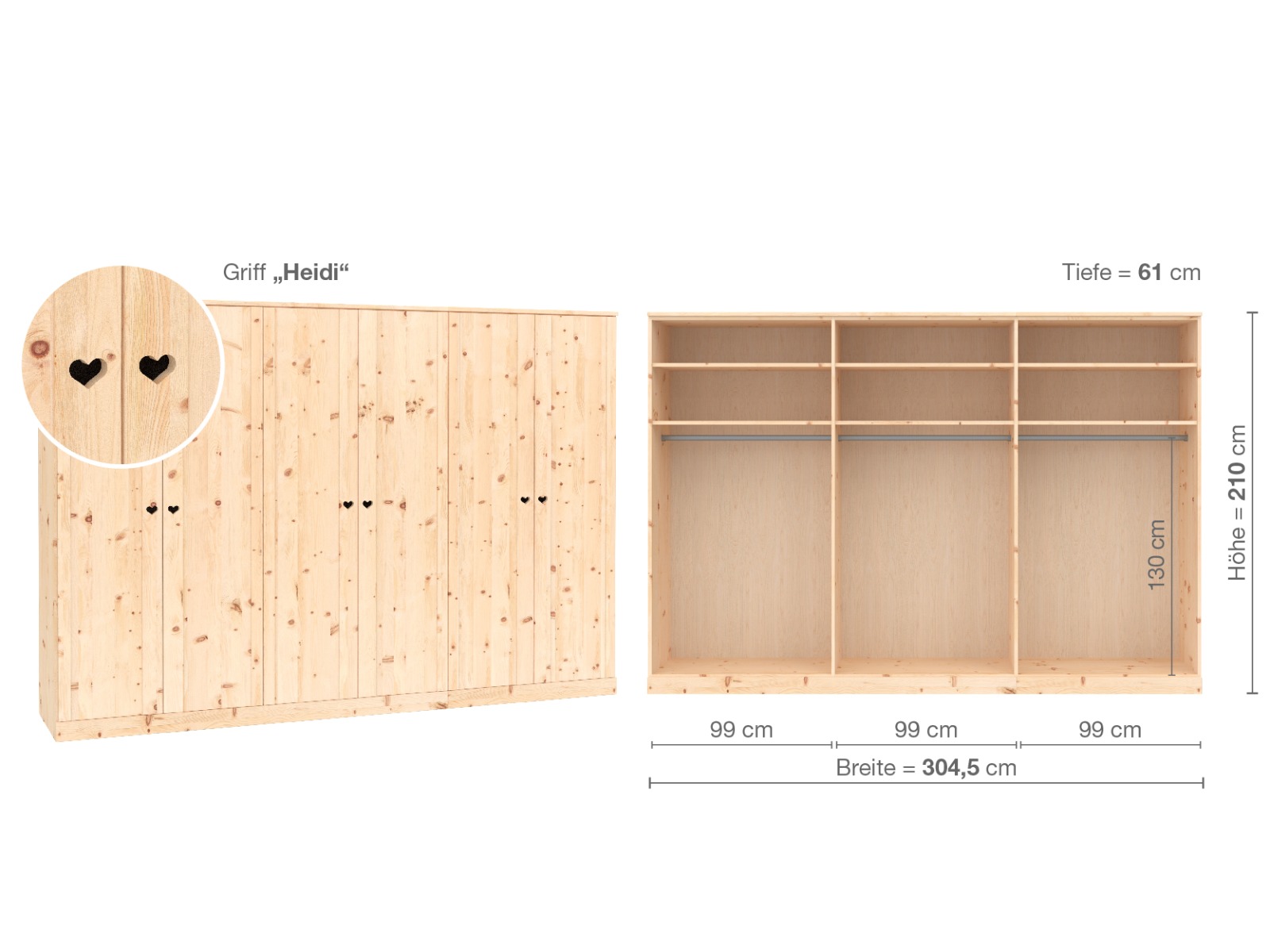 Zirbenschrank „Arnika“, 6-türig, Höhe 210 cm, Griffausführung „Heidi“, Inneneinrichtung A