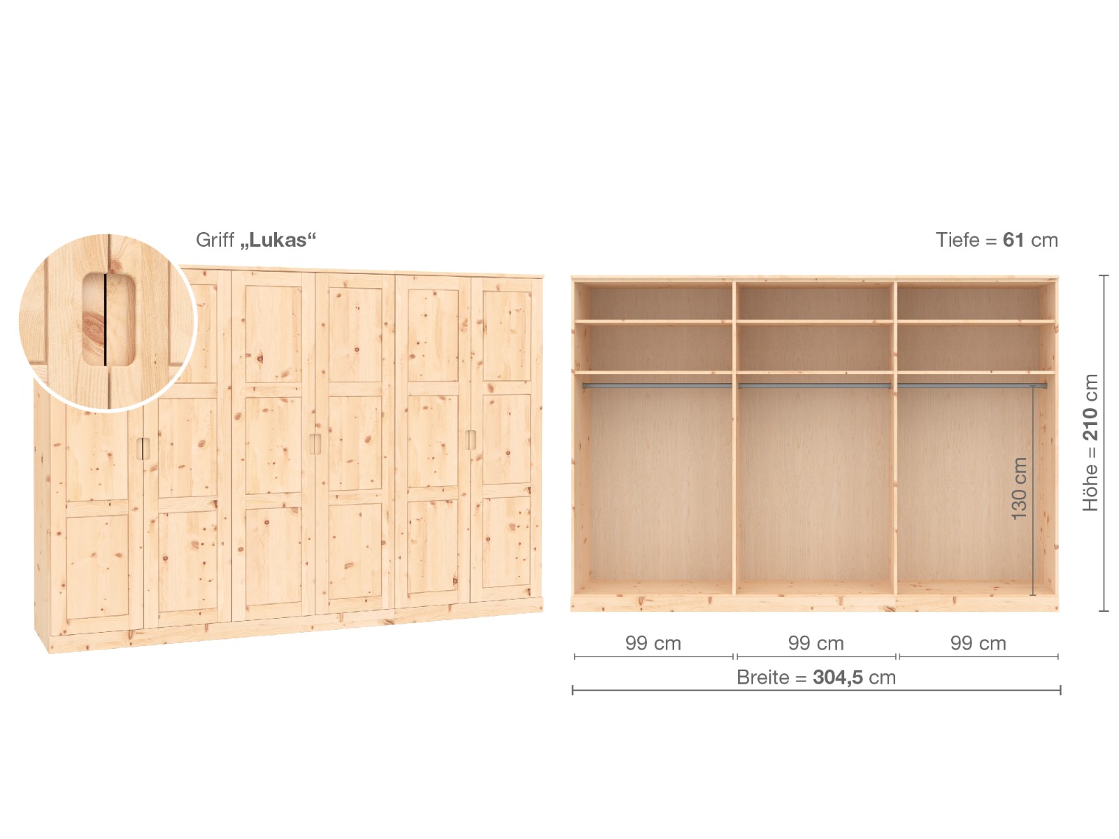 Zirbenschrank „Enzian“, 6-türig, Höhe 210 cm, Griffausführung „Lukas“, Inneneinrichtung A