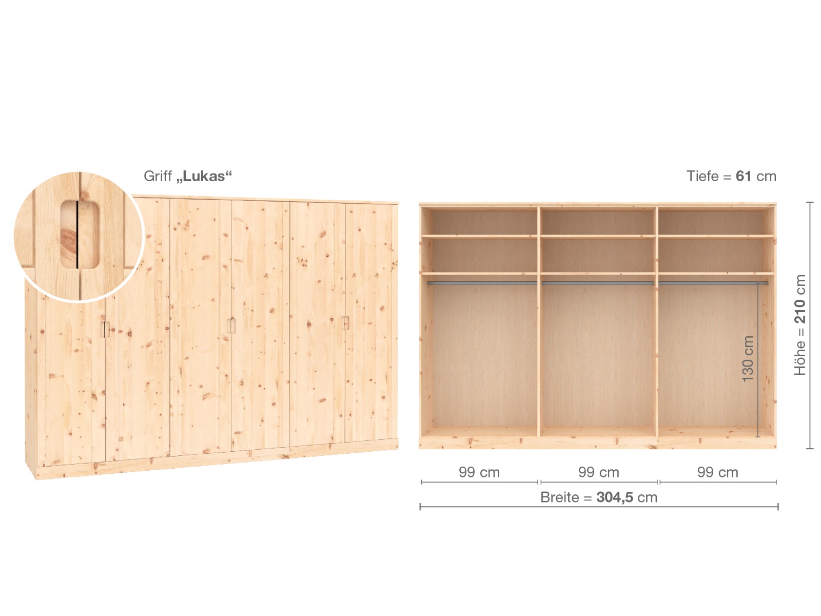 Zirbenschrank „Arnika“, 6-türig, Höhe 210 cm, Griffausführung „Lukas“, Inneneinrichtung A