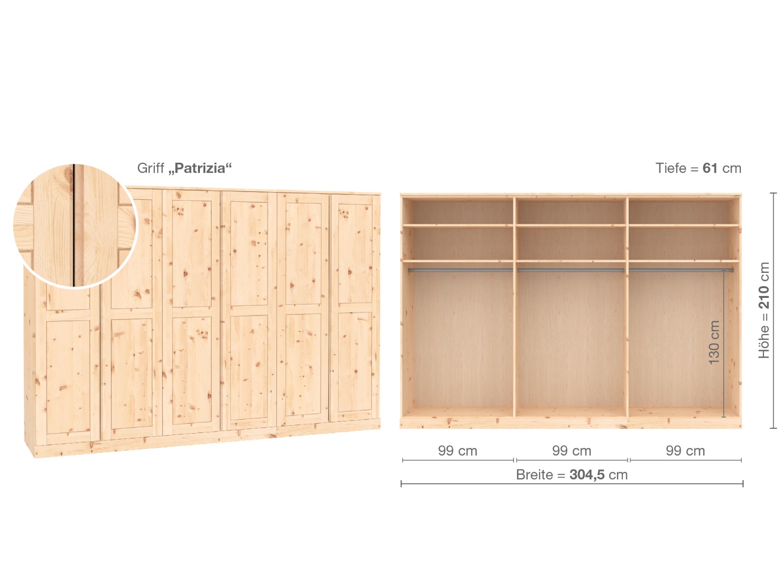 Zirbenschrank „Edelweiß“, 6-türig, Höhe 210 cm, Griffausführung „Patrizia“, Inneneinrichtung A