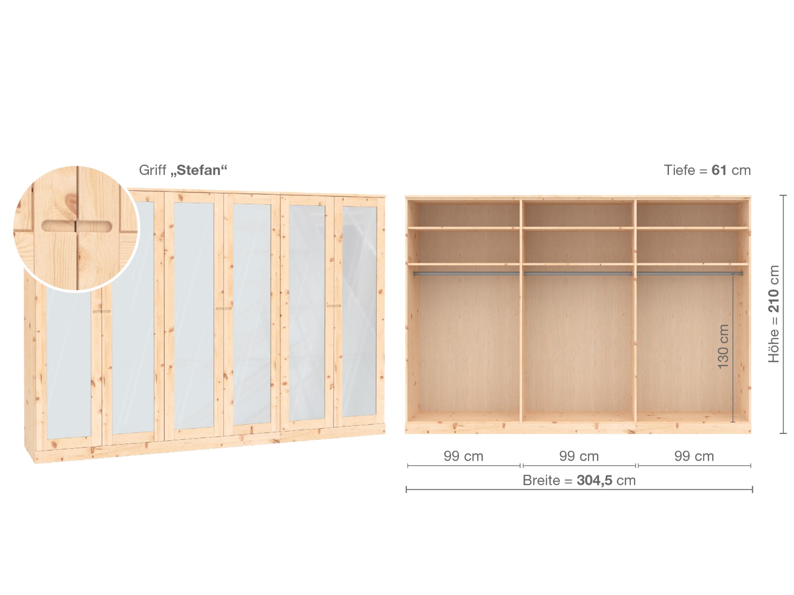 Zirbenschrank „Alpenrose“, 6-türig, Höhe 210 cm, Griffausführung „Stefan“, Inneneinrichtung  A