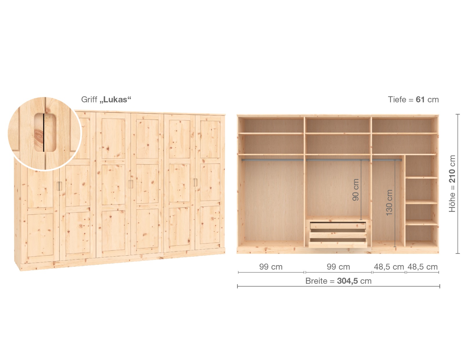 Zirbenschrank „Enzian“, 6-türig, Höhe 210 cm, Griffausführung „Lukas“, Inneneinrichtung B