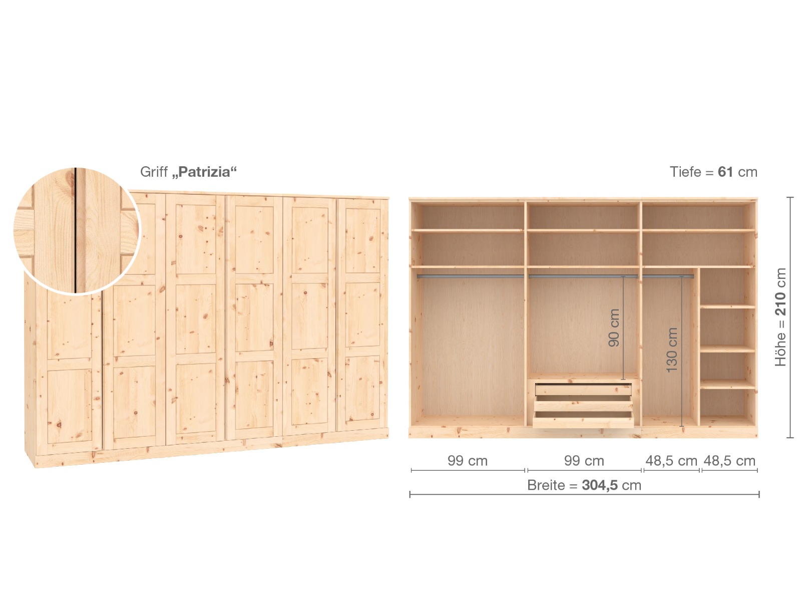 Zirbenschrank „Enzian“, 6-türig, Höhe 210 cm, Griffausführung „Patrizia“, Inneneinrichtung B