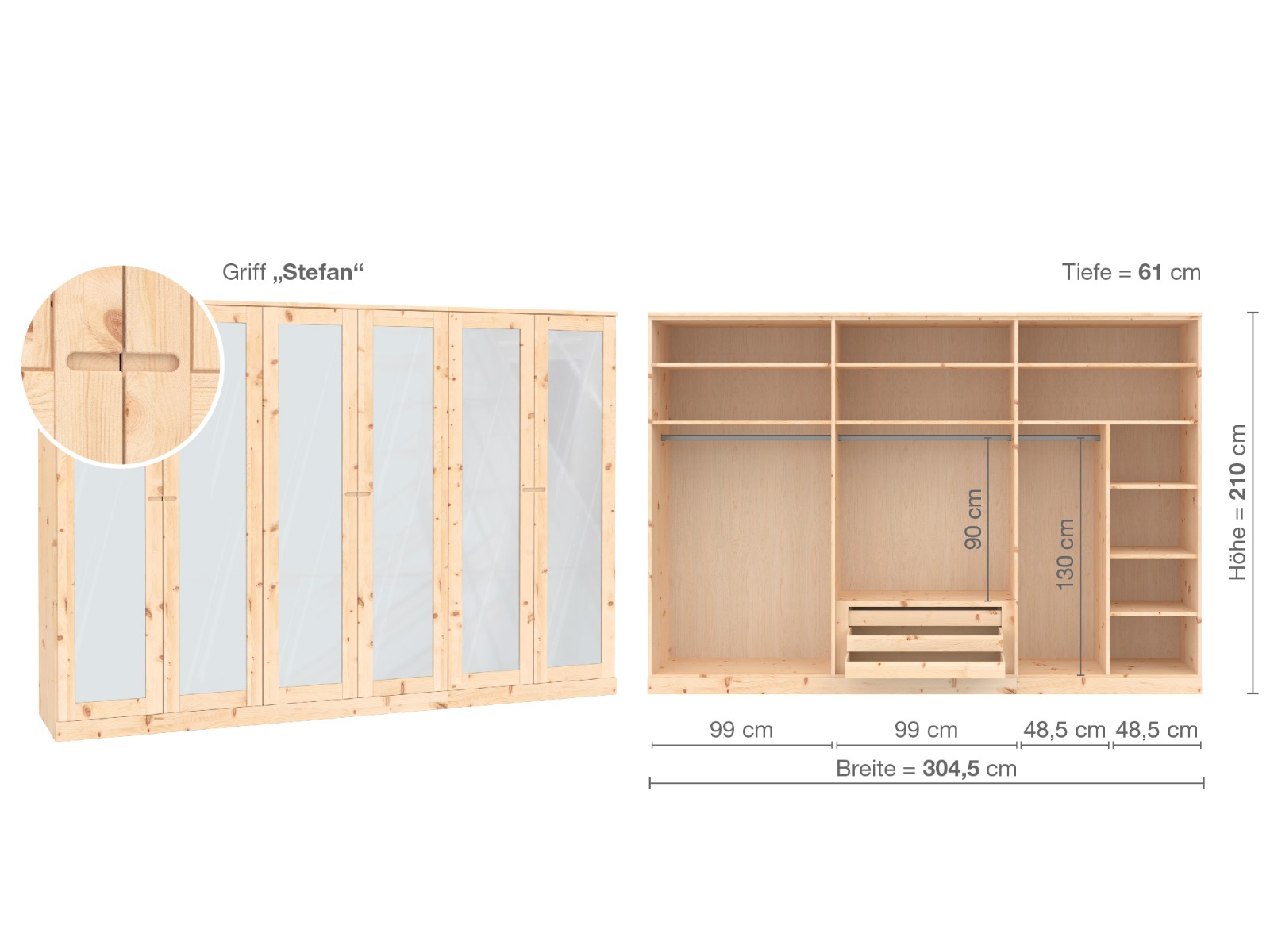 Zirbenschrank „Alpenrose“, 6-türig, Höhe 210 cm, Griffausführung „Stefan“, Inneneinrichtung  B