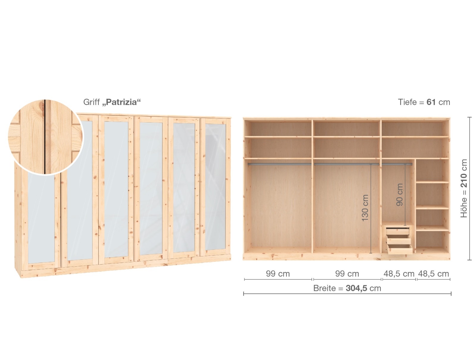Zirbenschrank „Alpenrose“, 6-türig, Höhe 210 cm, Griffausführung „Patrizia“, Inneneinrichtung  B