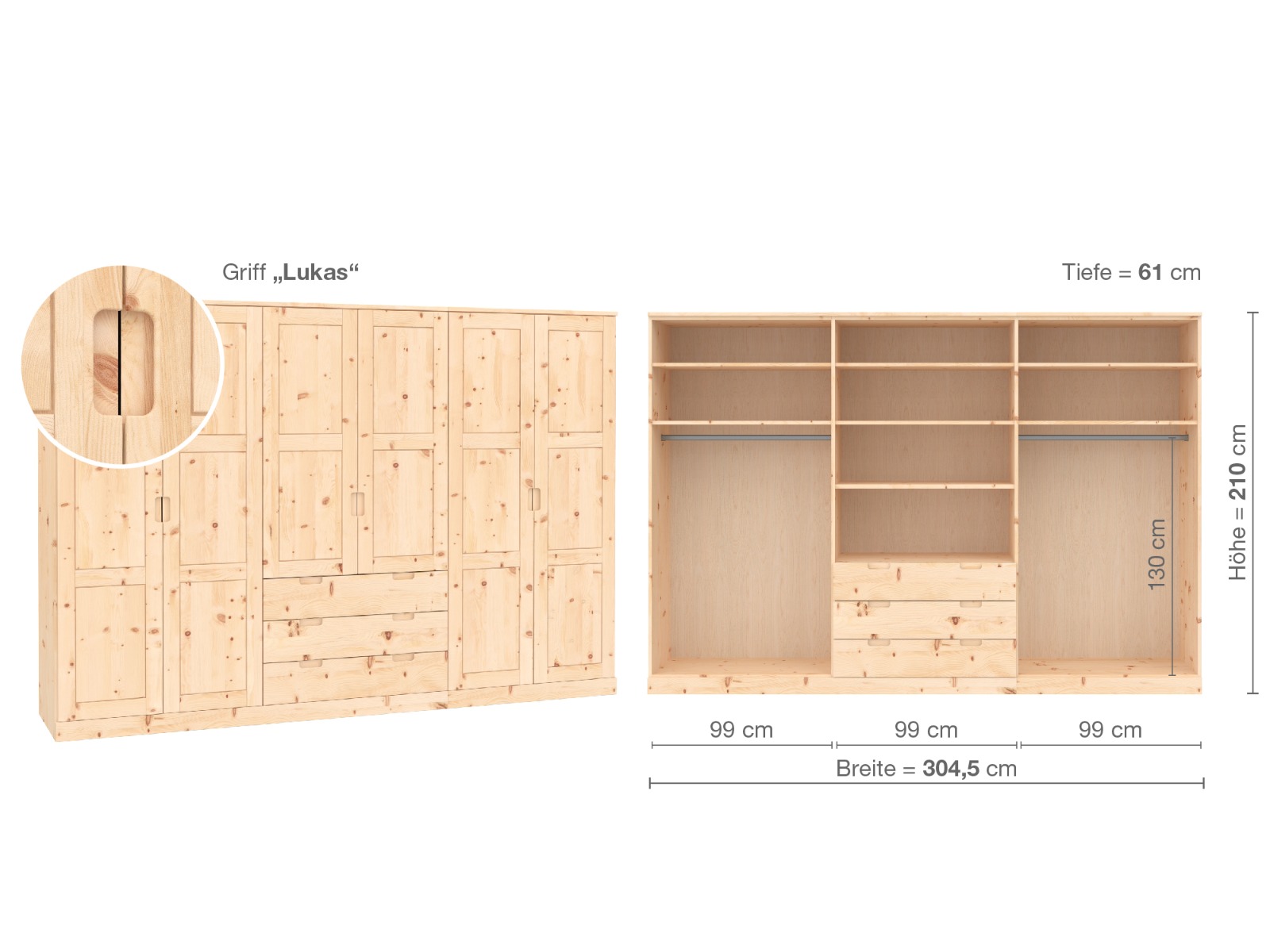 Zirbenschrank „Enzian“, 6-türig, Höhe 210 cm, Griffausführung „Lukas“, Inneneinrichtung D