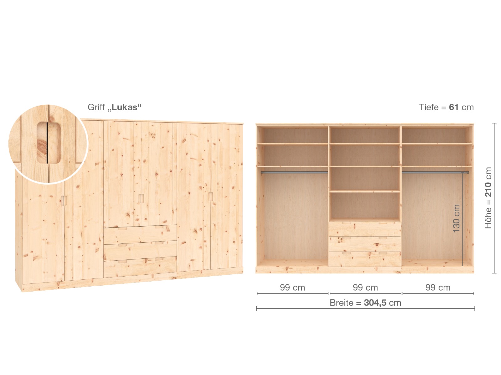 Zirbenschrank „Arnika“, 6-türig, Höhe 210 cm, Griffausführung „Lukas“, Inneneinrichtung C