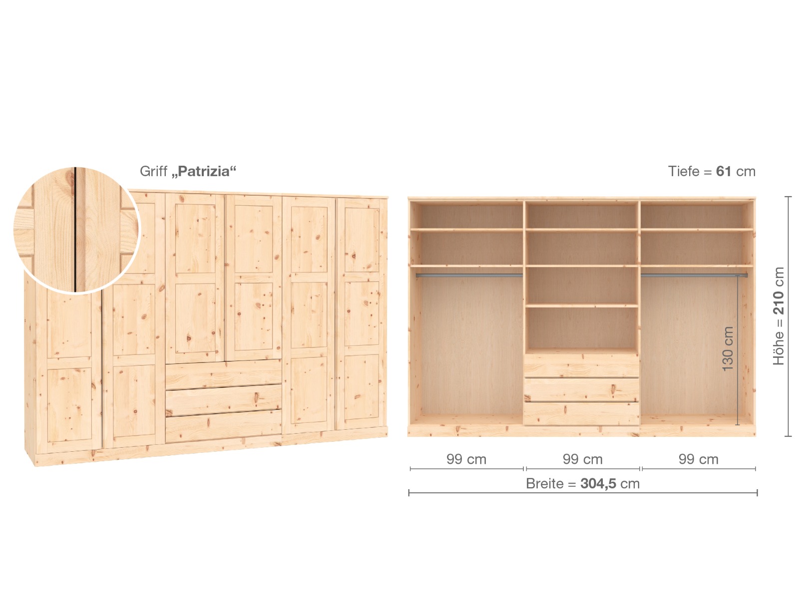 Zirbenschrank „Enzian“, 6-türig, Höhe 210 cm, Griffausführung „Patrizia“, Inneneinrichtung D