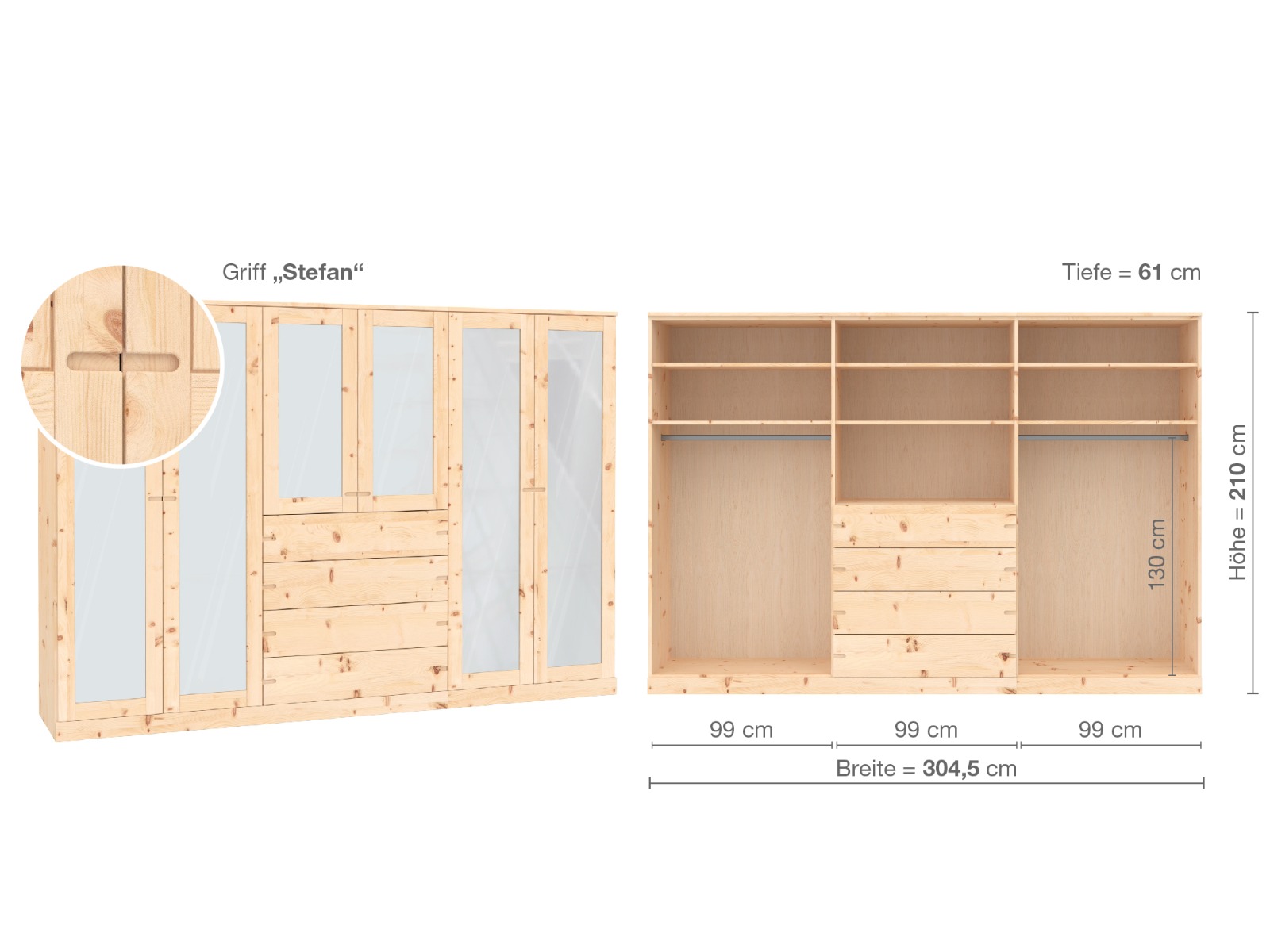 Zirbenschrank „Alpenrose“, 6-türig, Höhe 210 cm, Griffausführung „Stefan“, Inneneinrichtung  D