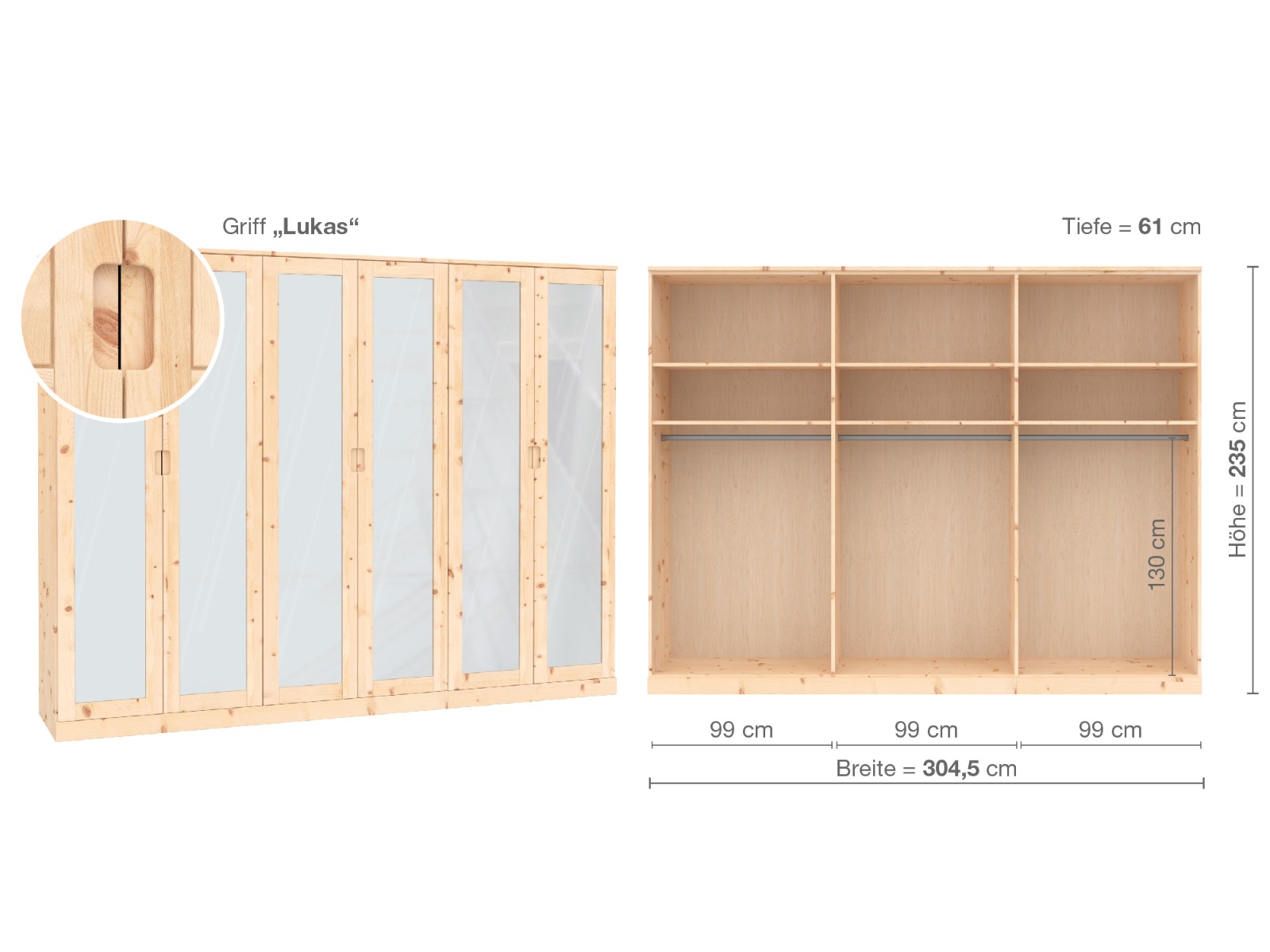 Zirbenschrank „Alpenrose“, 6-türig, Höhe 235 ​cm, Griffausführung „Lukas“, Inneneinrichtung  A