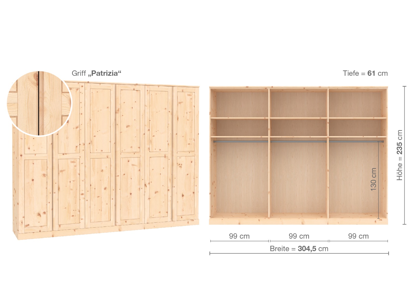 Zirbenschrank „Edelweiß“, 6-türig, Höhe 235 cm, Griffausführung „Patrizia“, Inneneinrichtung A