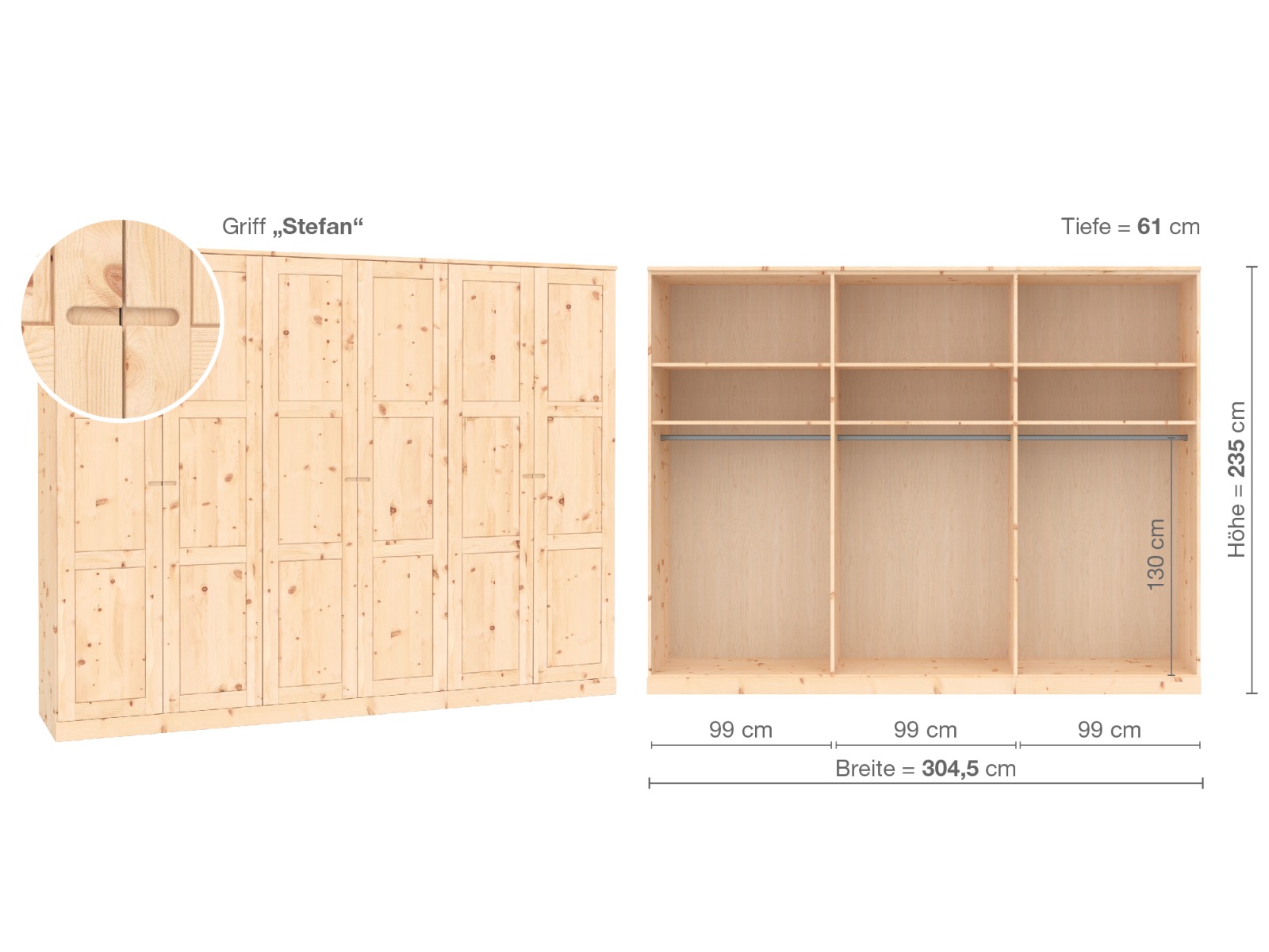 Zirbenschrank „Enzian“, 6-türig, Höhe 235 cm, Griffausführung „Stefan“, Inneneinrichtung A