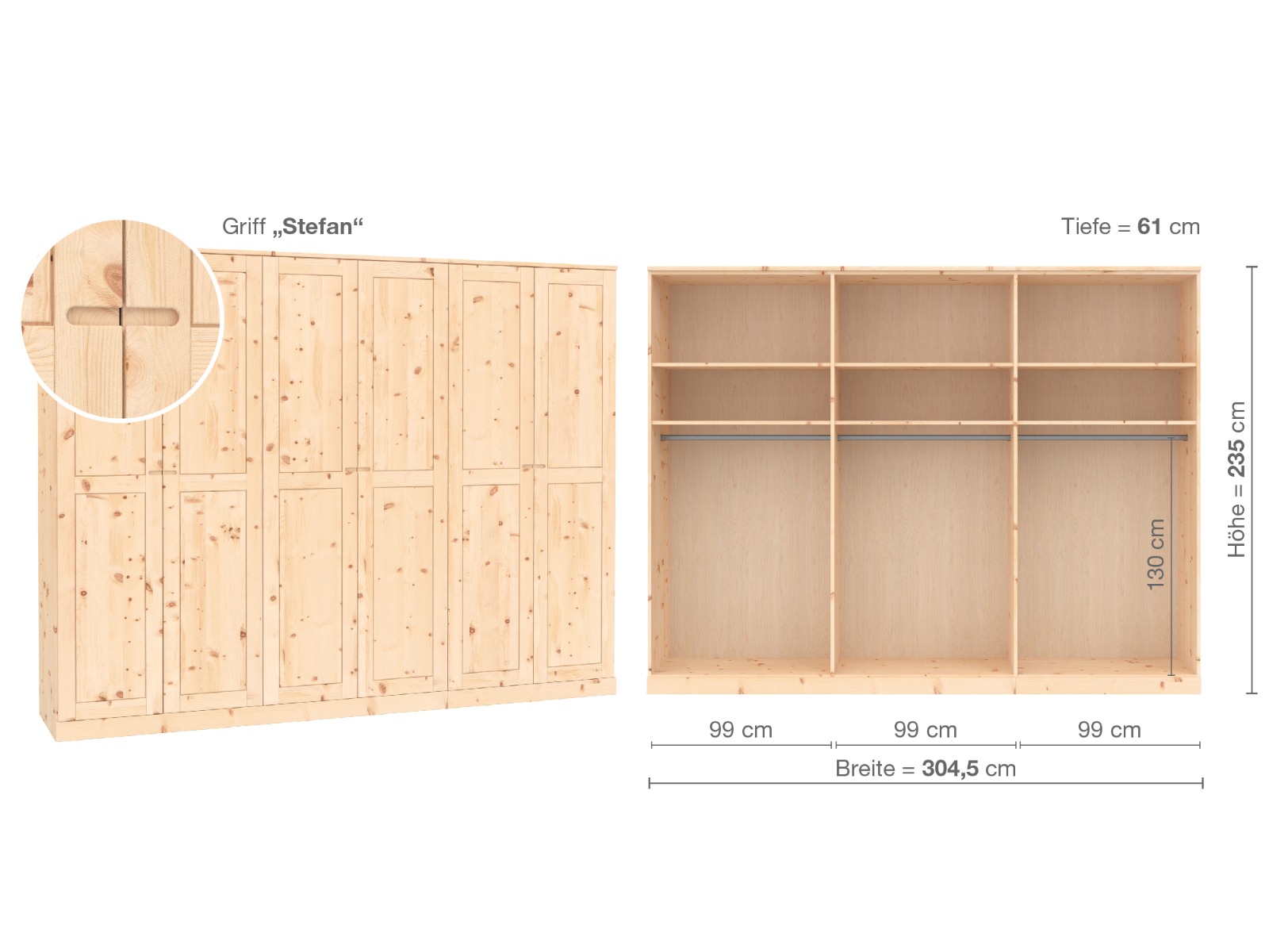 Zirbenschrank „Edelweiß“, 6-türig, Höhe 235 cm, Griffausführung „Stefan“, Inneneinrichtung A