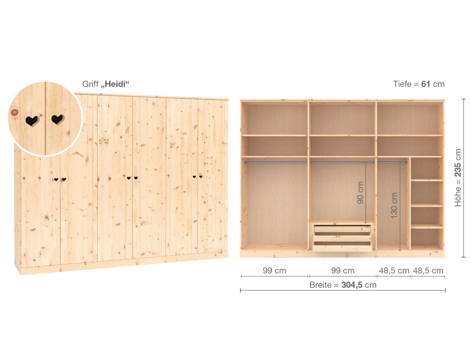 Zirbenschrank „Arnika“, 6-türig, Höhe 235 cm, Griffausführung „Heidi“, Inneneinrichtung B