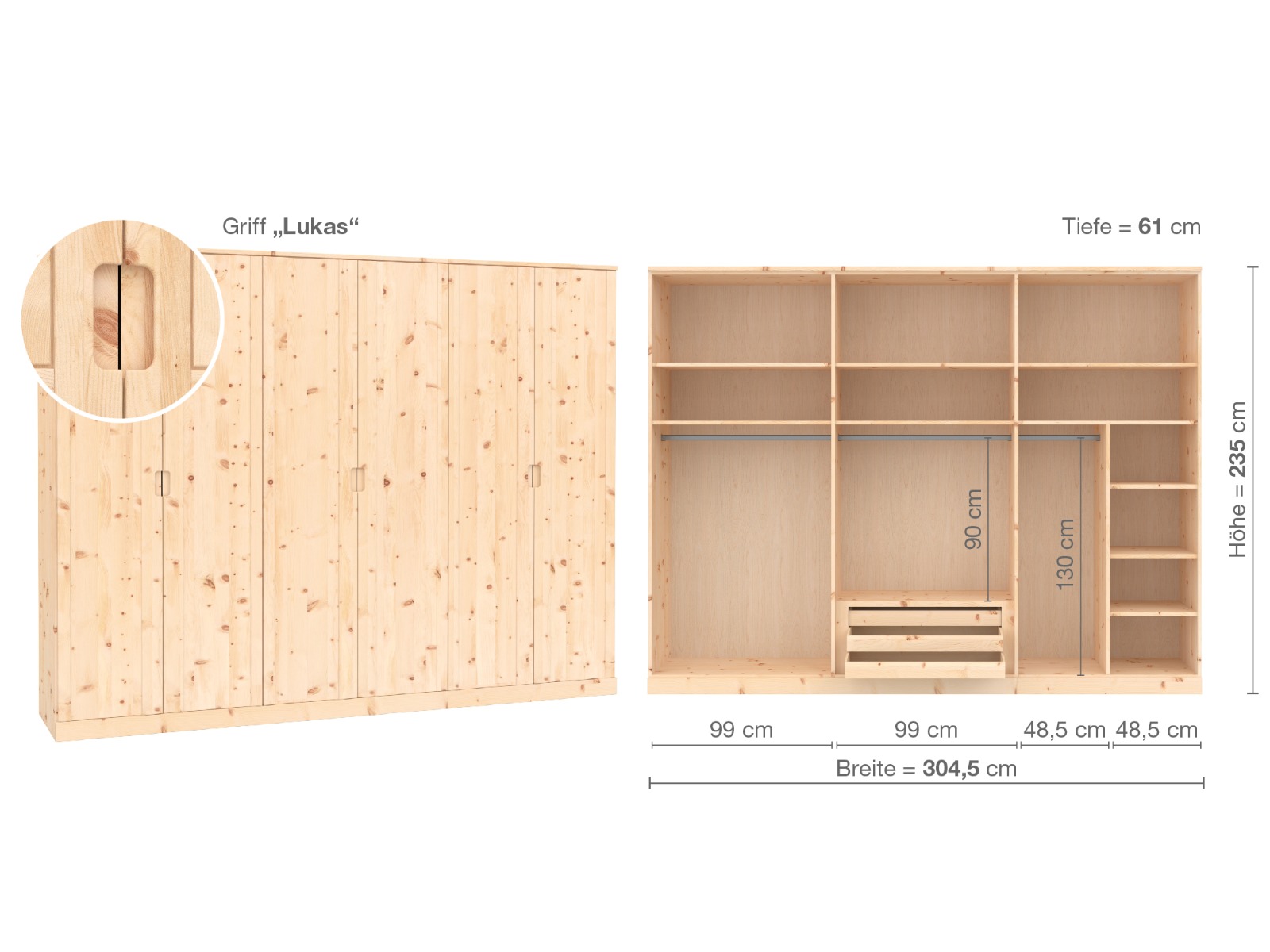 Zirbenschrank „Arnika“, 6-türig, Höhe 235 cm, Griffausführung „Lukas“, Inneneinrichtung B
