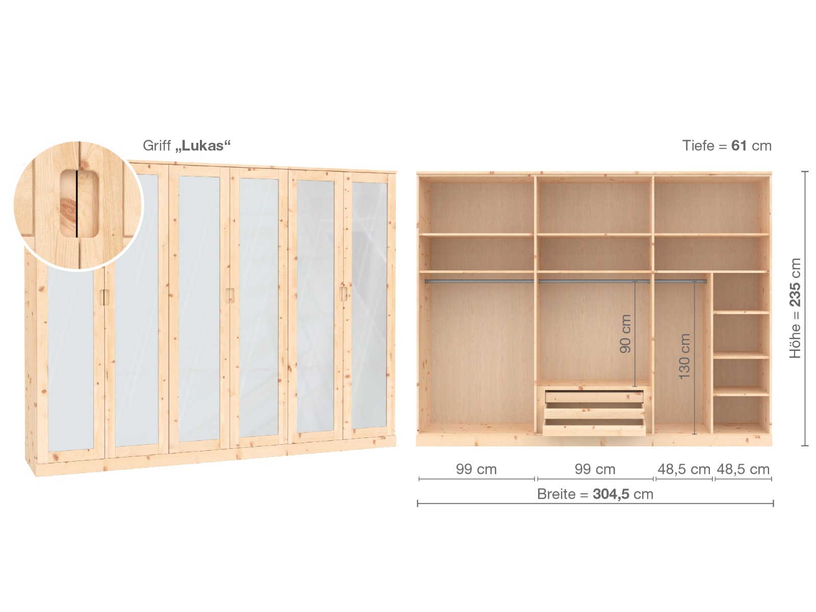 Zirbenschrank „Alpenrose“, 6-türig, Höhe 235 cm, Griffausführung „Lukas“, Inneneinrichtung  B