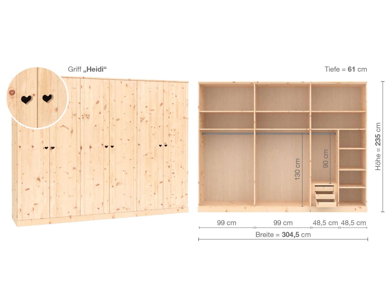 Zirbenschrank „Arnika“, 6-türig, Höhe 235 cm, Griffausführung „Heidi“, Inneneinrichtung C