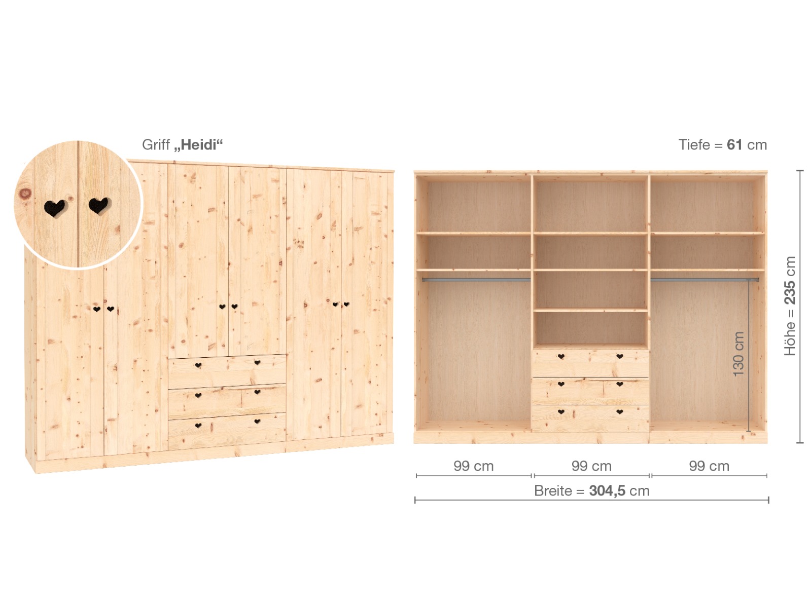 Zirbenschrank „Arnika“, 6-türig, Höhe 235 cm, Griffausführung „Heidi“, Inneneinrichtung D