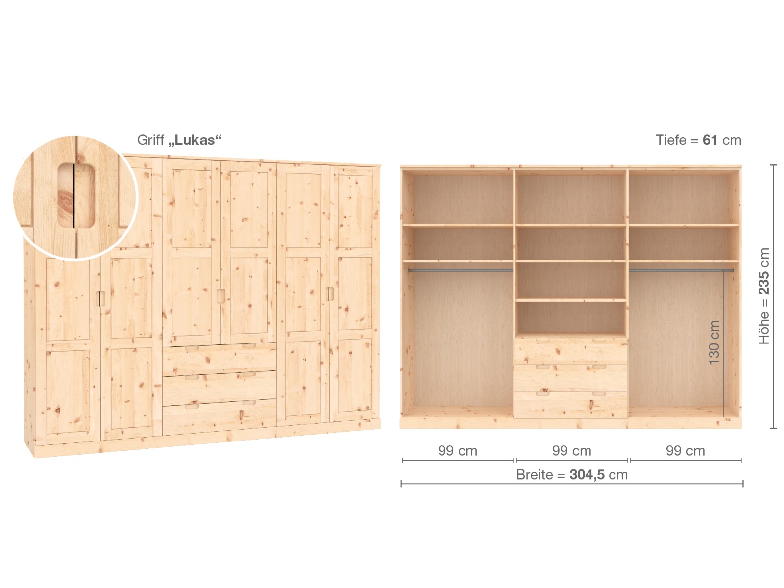 Zirbenschrank „Enzian“, 6-türig, Höhe 235 cm, Griffausführung „Lukas“, Inneneinrichtung D