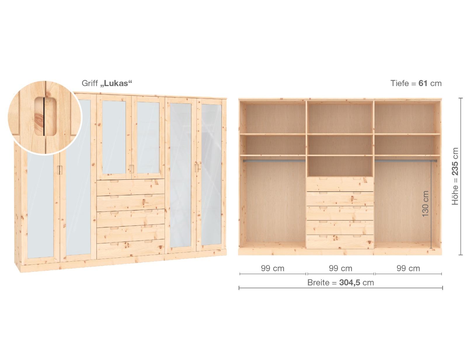 Zirbenschrank „Alpenrose“, 6-türig, Höhe 235 ​cm, Griffausführung „Lukas“, Inneneinrichtung  D