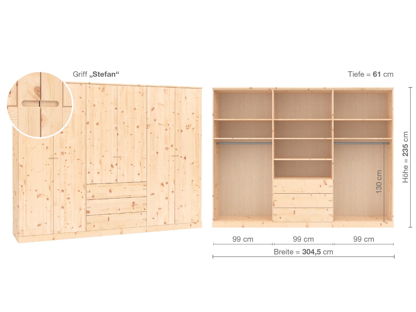 Zirbenschrank „Arnika“, 6-türig, Höhe 235 cm, Griffausführung „Stefan“, Inneneinrichtung D