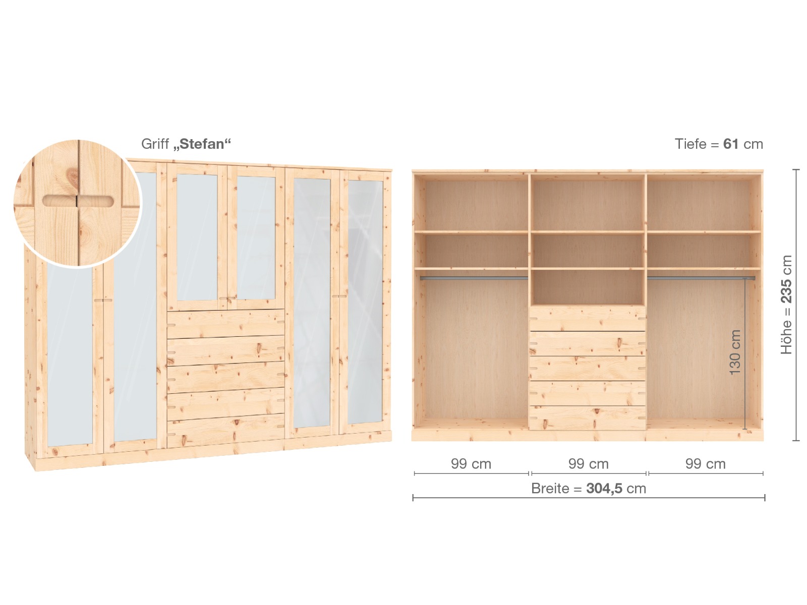 Zirbenschrank „Alpenrose“, 6-türig, Höhe 235 ​cm, Griffausführung „Stefan“, Inneneinrichtung  D