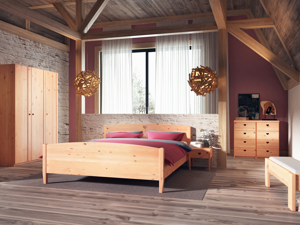 Schlafzimmer mit Nachtkästchen aus Zirbe „Heidi“ in Standardhöhe