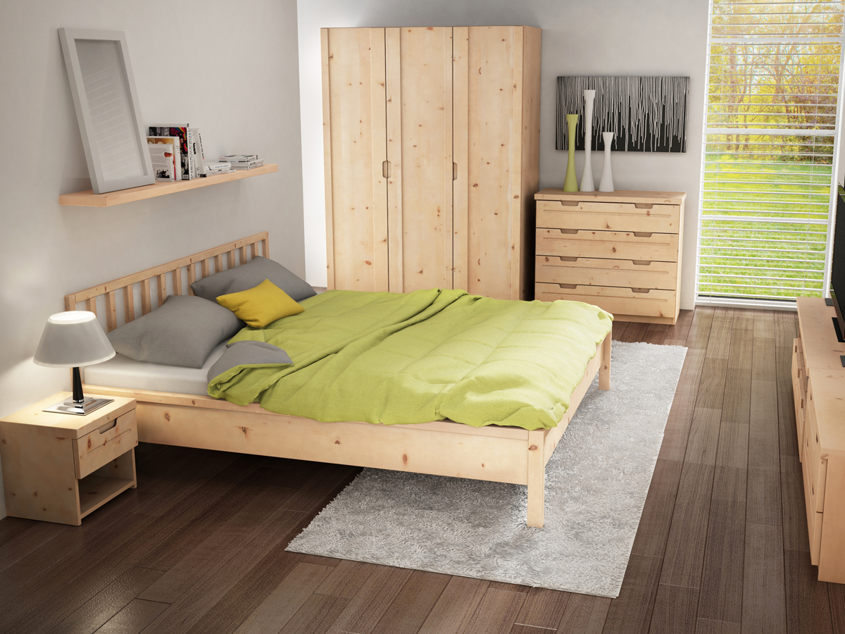 Schlafzimmer mit Nachtkästchen aus Zirbe „Lukas“ mit einer Lade, in Standardhöhe