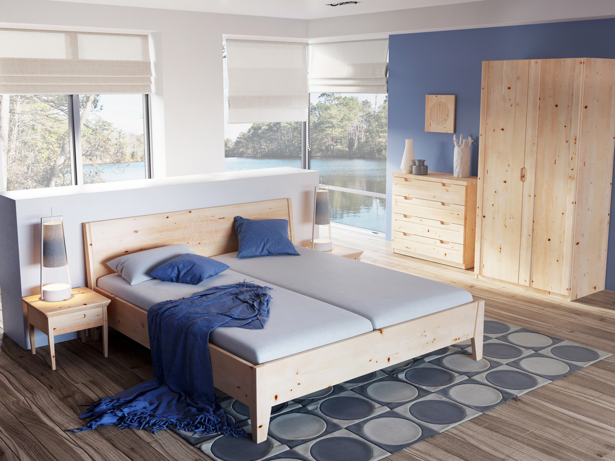 Schlafzimmer mit Nachtkästchen aus Zirbe „Erika“
