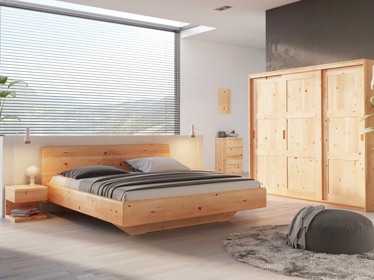 Schlafzimmer mit Nachtkästchen aus Zirbe „Valentina“ in Standardhöhe